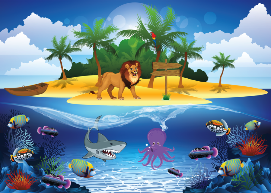 Illustrated island scene with a lion and underwater wildlife